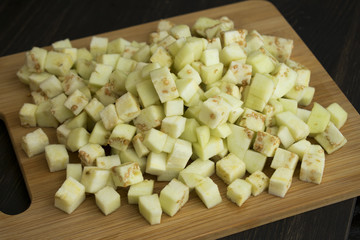 Diced Eggplant on a Cutting Board