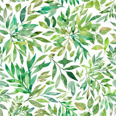 Seamless pattern with hand drawn watercolor green leaves.