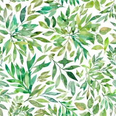 Behang Naadloze patroon met hand getrokken aquarel groene bladeren. © Анастасия Гевко
