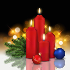 Vector realistic still life with four red burning candles, baubles and coniferous branch with shining blurred golden lights in the background - christmas greeting or illustration