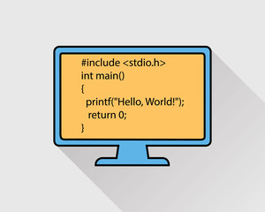 Computer Programming Language colorful  Icon. Hello World code on monitor.