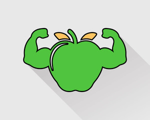 Healthy Food Colorful Icon. Apple with Muscle symbol on Gray Background.