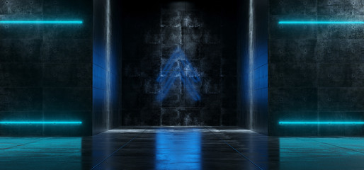 Sci-Fi Futuristic Empty Dark Grunge Concrete Interior Corridor With Blue Neon Glowing Lights With Blue Arrows Wallpaper 3D Rendering