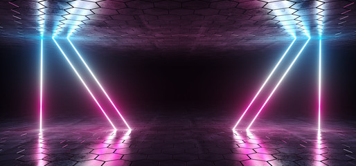 Futuristic Sci-Fi Blue Purple Glowing Neon Tube Lines Lights In Dark Room With Hexagon Shaped Floor And Ceiling With Empty Space Wallpaper 3D Rendering