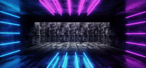 Obraz premium Futuristic Sci-Fi Blue Purple Glowing Neon Tube Line Lights In Dark Grunge Concrete Tunnel With Empty Space Wallpaper 3D Rendering
