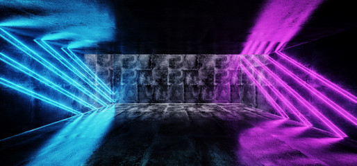 Futuristic Sci-Fi Blue Purple Glowing Neon Tube Line Lights In Dark Grunge Concrete  Tunnel With Empty Space  Wallpaper 3D Rendering