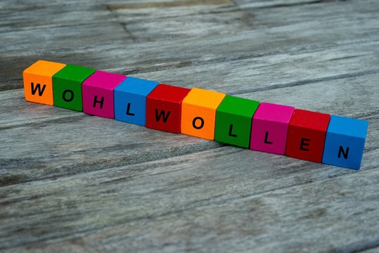Farbige Holzw&uuml;rfel mit Buchstaben auf dem das Wort Wohlwollen abgebildet ist, Abstrakte Illustration