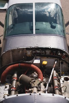 Aircraft engine in aerospace near hangar