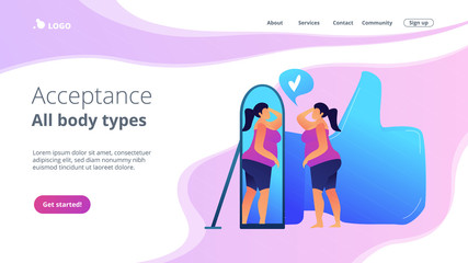 Plus size woman in front of the mirror as a concept of body positivity, acceptance and appreciation for all body types, body image, self confidence. Violet palette. Website landing web page template.