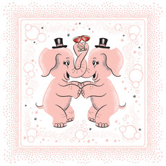 Fun retro cocktail party design of two tipsy pink elephant in love holding glasses of champagne with their trunks. Vintage style border. 