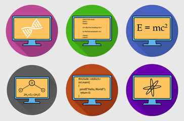 Different Subject Colorful button  Icon Set. Physics, Chemistry, Genetic Engineering and Computer Science symbols are on monitor.