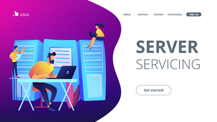System administrators or sysadmins are servicing server racks. System administration, upkeeping, configuration of computer systems and networks concept. Violet color. Website landing web page template