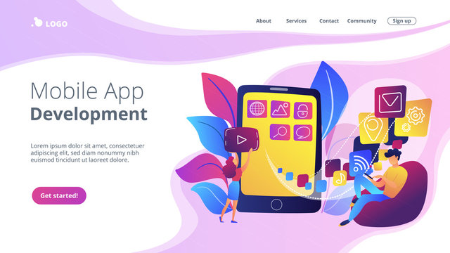 It professionals are creating mobile applications on the smartphone screen. Mobile app development, coding designing for smartphones or tablets concept. Violet color. Website landing web page template
