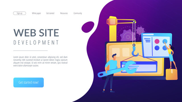 It professionals are creating web site on the laptop screen. Website development or web application, coding, designing for web browsers concept. Violet palette. Website landing web page template.
