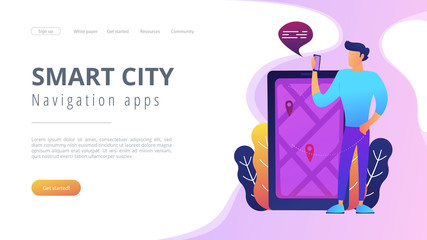 A man near huge smartphone with city map and gps tags on the screen calls a taxi. Navigation apps, smart public transport, IoT and smart city concept, violet palette. Vector illustration on background