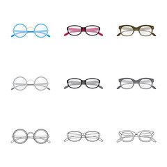 Vector illustration of glasses and frame icon. Collection of glasses and accessory stock vector illustration.