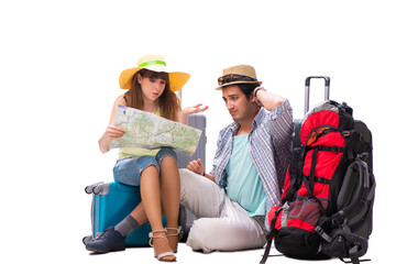 Plakat Young family preparing for vacation travel on white