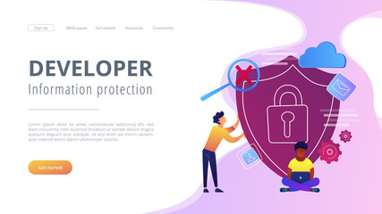 Man holding security shield and developer using laptop. Data and applications protection, network and information security, safe cloud storage concept, violet palette. Website landing web page