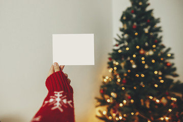 hand holding empty greeting card on background of golden beautiful christmas tree with lights in festive room. christmas template with space for text. season's greetings, holidays