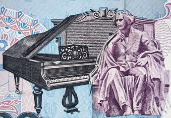 Carlos Gomes piano on Brazil 5000 cruzeiro (1992) banknote closeup, Brazilian money close up.