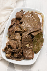 fried liver on white dish