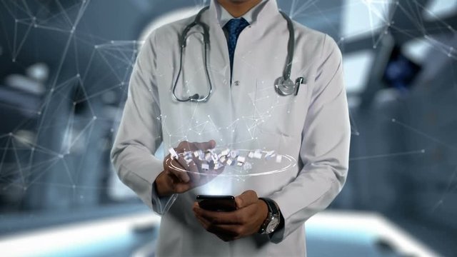 Acute lymphoblastic leukaemia - Male Doctor With Mobile Phone Opens and Touches Hologram Illness Word
