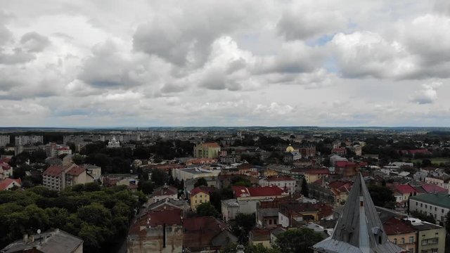 Aerial view of ancient city Drohobych, center of saltmaking in Ukraine. Above ancient Church of St. Bartholomew in gothic and baroque