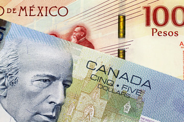 A close up image of a 5 Canadian dollar bill with a 100 Mexican Peso Bank note