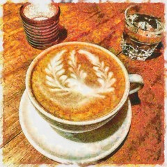 Oil painting. Art print for wall decor. Acrylic artwork. Big size poster. Watercolor drawing. Modern style fine art. Tasty cup of coffee cappuccino latte. Morning time.