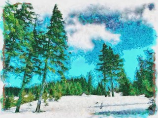 Ölgemälde. Kunstdruck für Wanddekoration. Kunstwerke aus Acryl. Poster im Großformat. Aquarellzeichnung. Schöne Kunst im modernen Stil. Schöne Herbstlandschaft. Hübsche Aussicht. Blauer Himmel. Reiseort. © Pavel