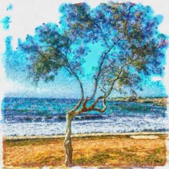 Oil painting. Art print for wall decor. Acrylic artwork. Big size poster. Watercolor drawing. Modern style fine art. Beautiful tropical landscape. Single tree on the sandy beach. Azure water. Sea