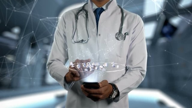 Chronic lymphocytic leukaemia - Male Doctor With Mobile Phone Opens and Touches Hologram Illness Word