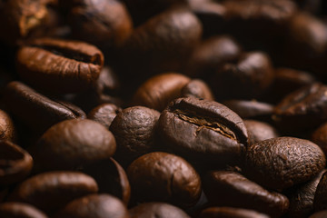 The texture of roasted coffee beans. Macro image