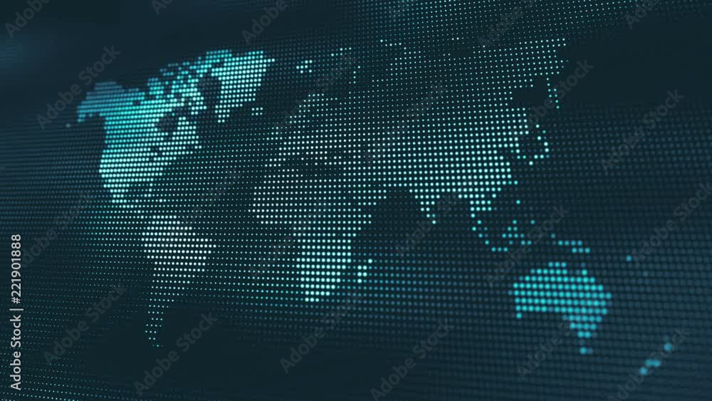 Poster abstract blue background with moving waves of particles and world map. globe texture. seamless loop.