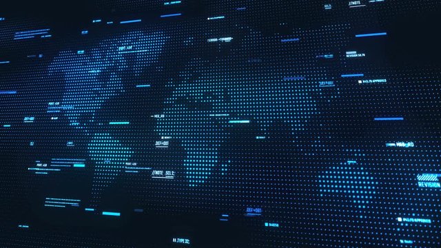 World map abstract futuristic background with information moving. Texture of a cyberspace with digital details over globe. Seamless. loop.
