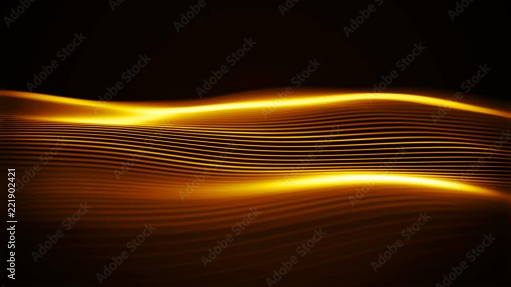 Poster golden luxury flow. abstract shiny waves in a cyber space with depth of field. seamless loop.