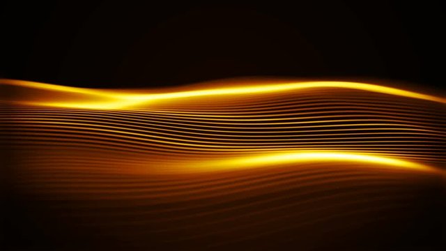 Golden luxury flow. Abstract shiny waves in a cyber space with depth of field. Seamless loop.