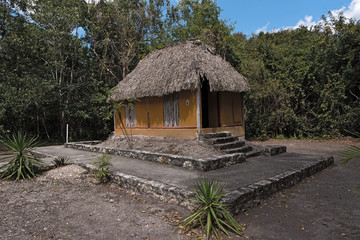 yellow toilet on the archeological site of Kohunlich, Quintana Roo, Mexico