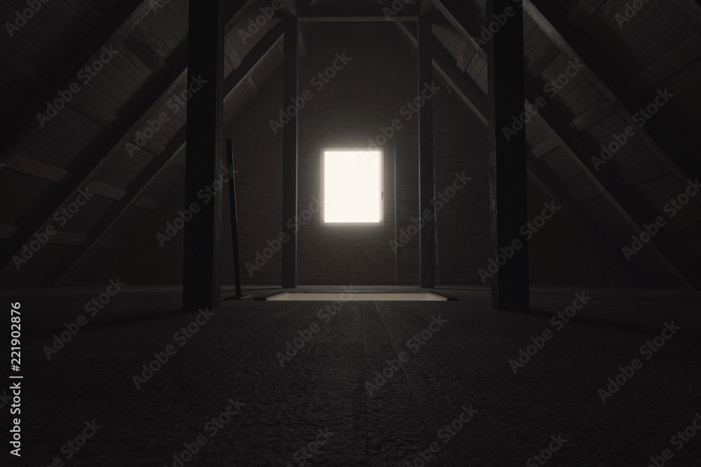 Poster 3d rendering of darken empty attic with light at window