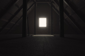 3d rendering of darken empty attic with light at window - obrazy, fototapety, plakaty