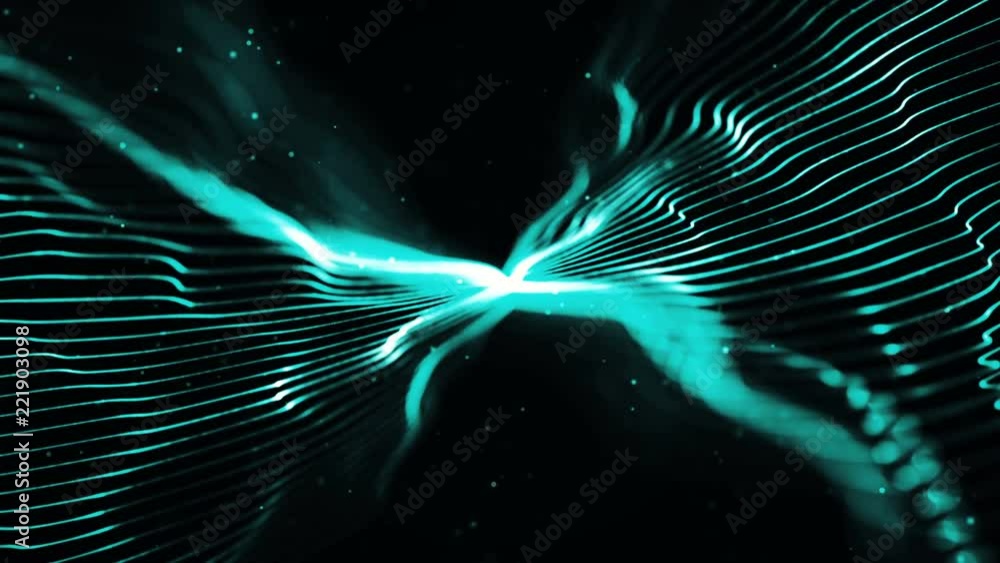 Poster wavy structure with particles rotating in a cyber space. abstract organic curve. seamless loop.