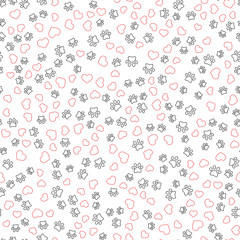 Seamless pattern with red hearts and black animal foot steps. Vector.