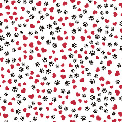 Fototapeta na wymiar Seamless pattern with red hearts and black animal foot steps. Vector.