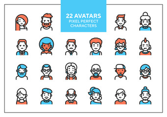 Vector set of users avatars and profile picture. Simple line minimalistic icons for website, application or presentation. Modern flat style. Interchangeble parts. Character illustration.