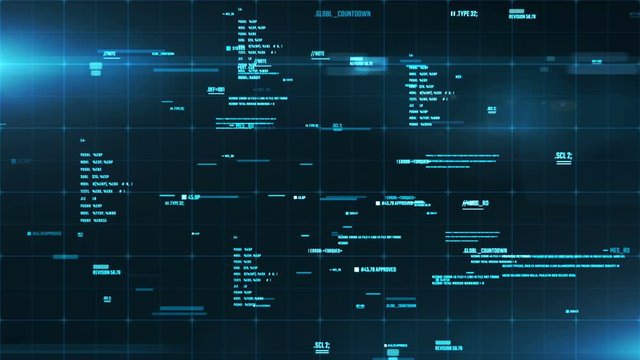System interface with information on a screen. Abstract HUD background with program code modules moving in a cyberspace. Seamless loop.