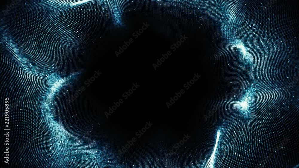 Poster abstract cyber tunnel with particles moving to the center. futuristic background. seamless loop.