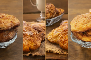 Collage baking with golden crust on wooden background.