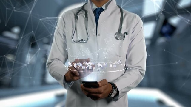 Antisocial personality disorder - Male Doctor With Mobile Phone Opens and Touches Hologram Illness Word