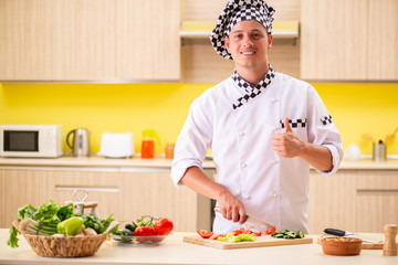 Young professional cook preparing salad at kitchen