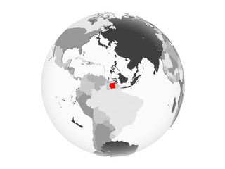 Suriname on grey globe isolated